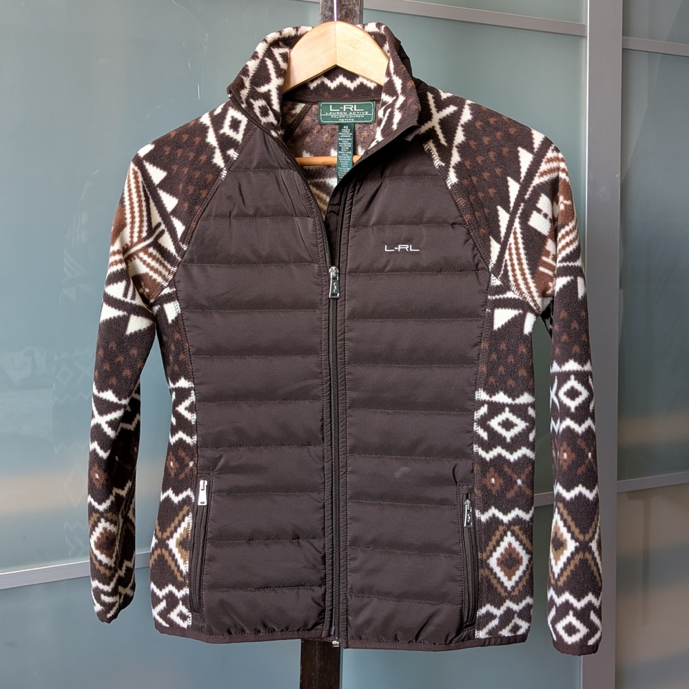 Lauren Ralph Lauren Active Jacket Fleece Aztec Brown Ivory Zip - Petite Small